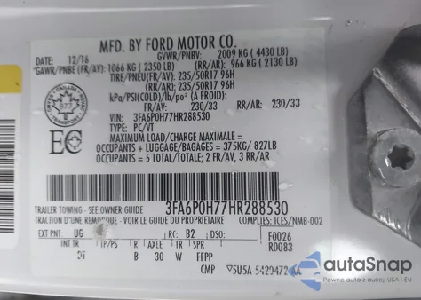 2017 Ford Fusion Se z USA, uszkodzony, nr VIN 3FA6P0H77HR288530